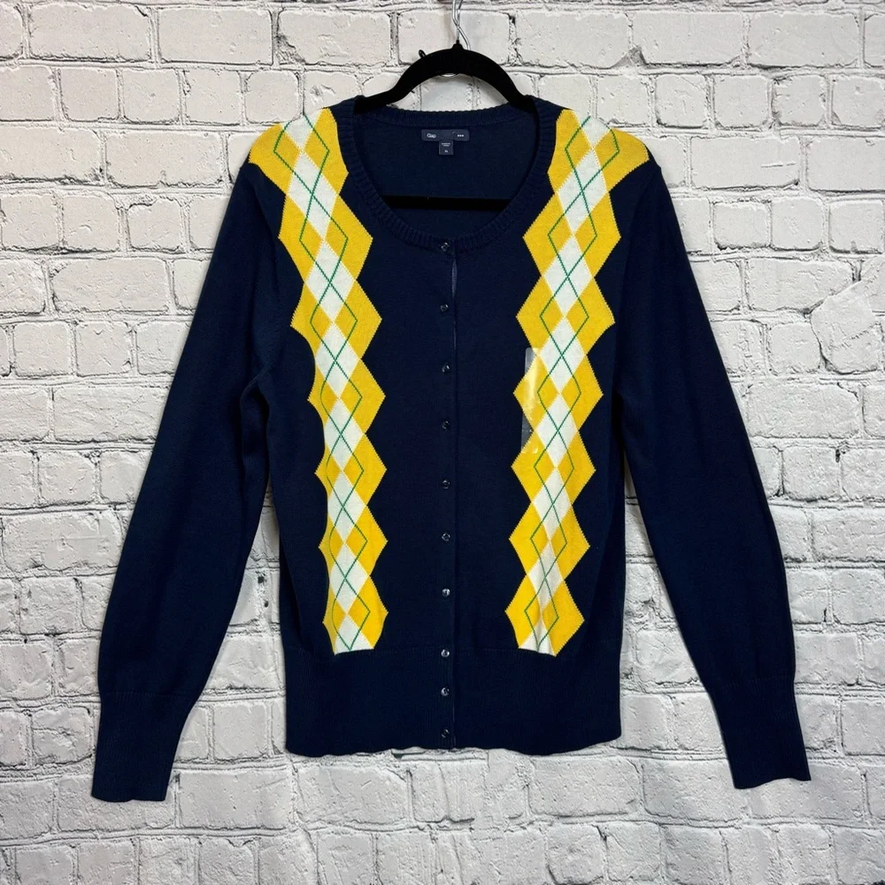 Gap NWOT Navy Button Down Caridigan Yellow Green Argyle Diamond Y2K Preppy Sz XL - Picture 1 of 12